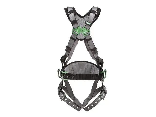 V-FIT Construction Harness, backhip D-rings, tongue-buckle leg straps, shoulder pad