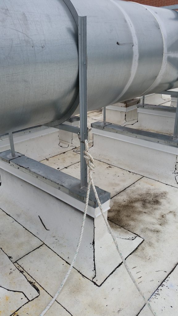 rope system attached to the steel frame of a HVAC duct