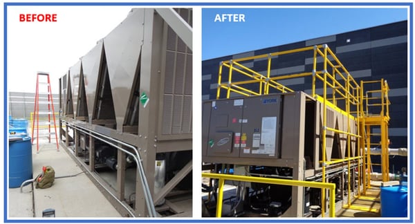 before and after HVAC unit installs guardrail fall protection