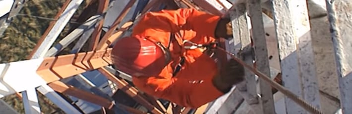 worker on ladder connected to vertical lifeline