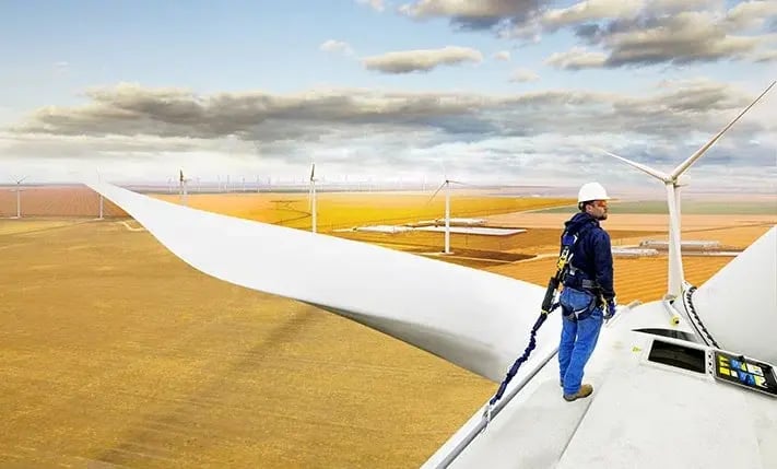 wind turbine worker attached to fall protection